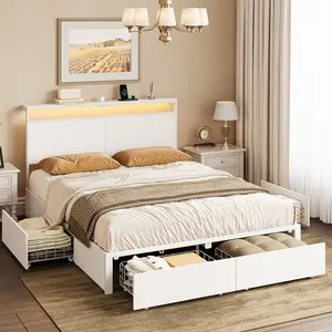 Greige,Bed Frame with Storage Headboard and 4 Drawers LED Lights Metal Platform with Non-Slip Surface, Noise-Free Sturdy Metal Slat Support, No Box Spring Needed