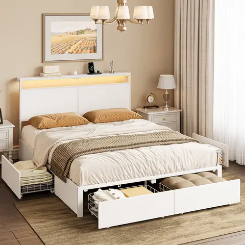 Classic Minimalist Queen Size Platform Bed Frame - Bedroom Furniture with Storage Headboard, 4 Drawers, LED Lights, Remote, Non-Slip Metal Platform, Noise-Free Heavy-Duty Slats Support, Mattress Placement Ready, Tool-Free Assembly, No Box Spring Needed