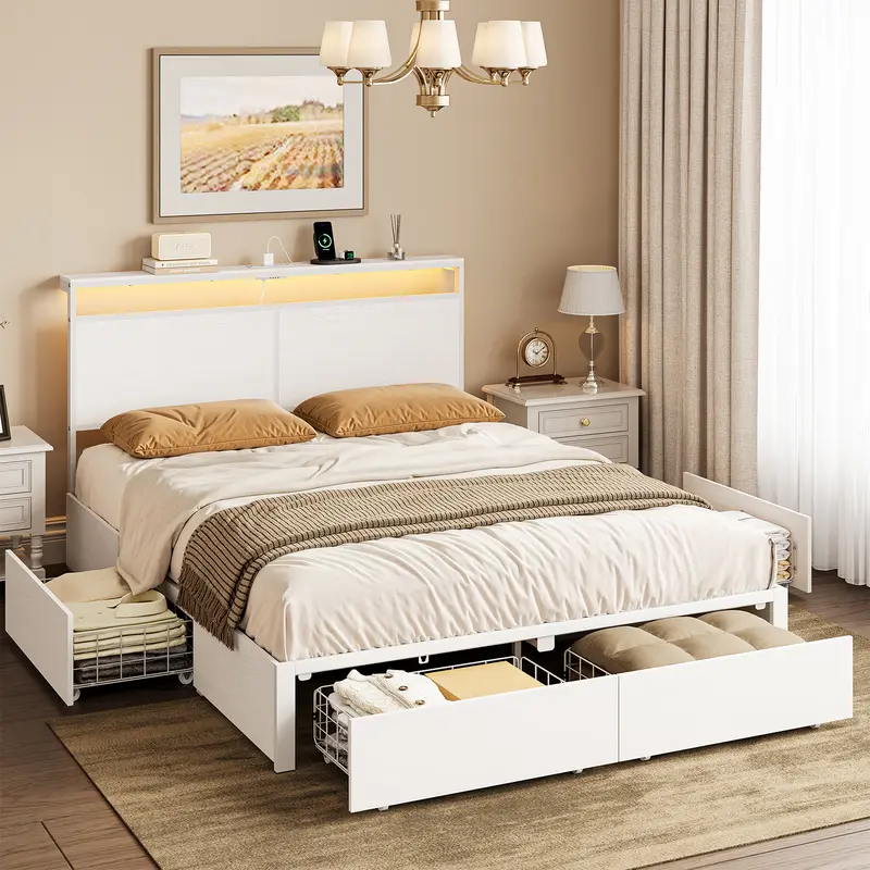 Classic Minimalist Queen Size Platform Bed Frame - Bedroom Furniture with Storage Headboard, 4 Drawers, LED Lights, Remote, Non-Slip Metal Platform, Noise-Free Heavy-Duty Slats Support, Mattress Placement Ready, Tool-Free Assembly, No Box Spring Needed