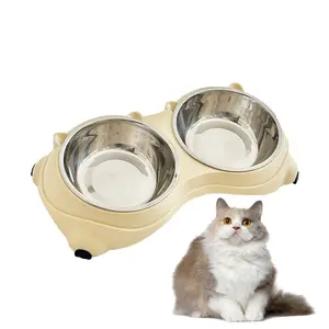 Anti slip base double cat food bowl, pink stainless steel food and water bowl, easy to clean and detachable design, cat and dog pet feeder