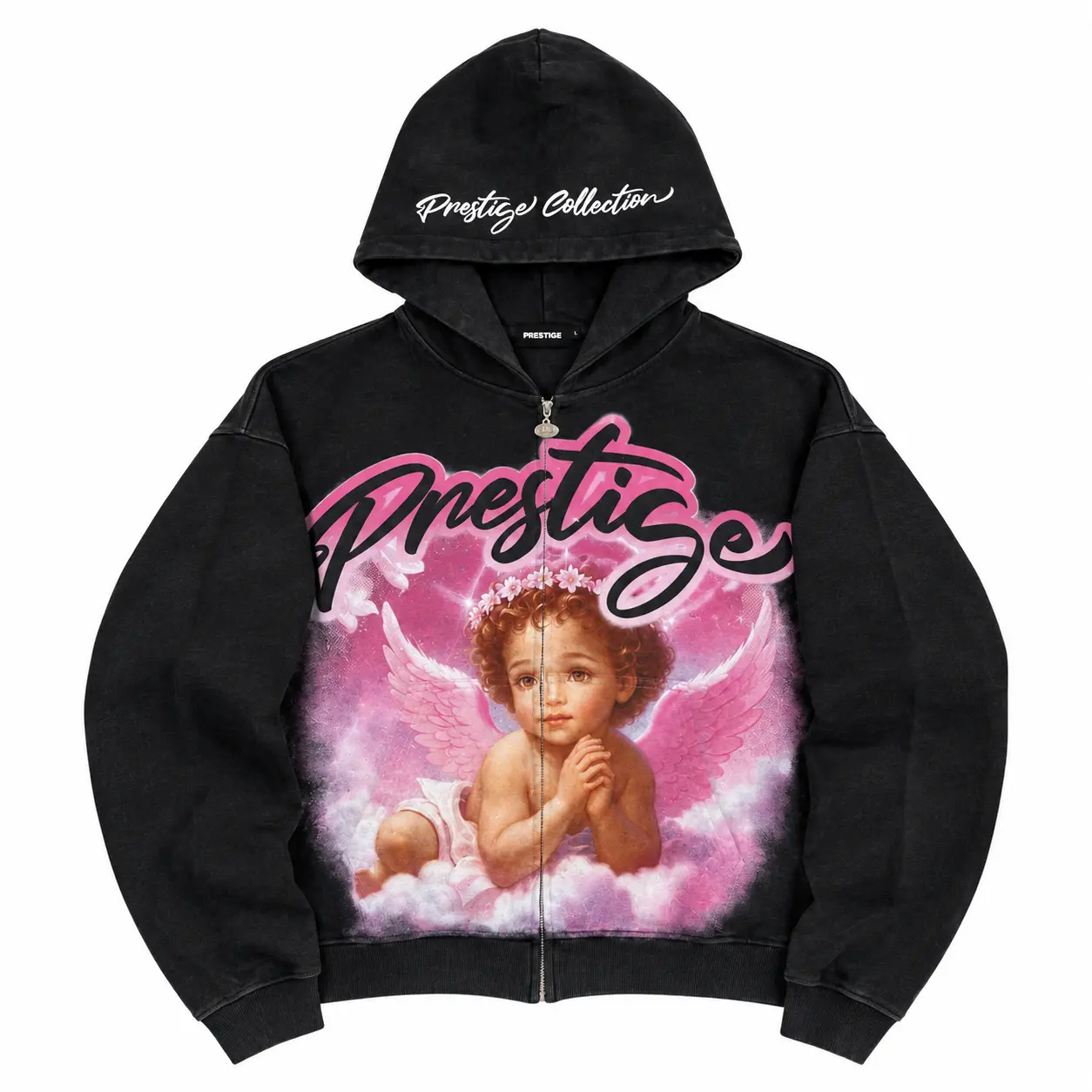 Prestige "Angel" Zip-Up Hoodie, Y2K Gothic Streetwear Sweatshirt, Retro Casual Hoodie for Men and Women