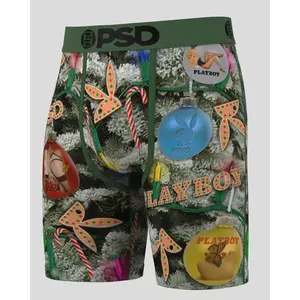 PSD Men's Playboy Festive Tree Boxer Brief - Standard Length 7 Inch Inseam, Soft and Breathable Poly Blend Fabric