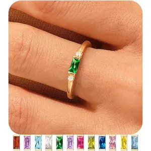 Gold Birthstone Rings for Women 14K Gold Plated Non Tarnish Stackable Rings Dainty Emerald Green Gemstone Cubic Zirconia Engagement Wedding Ring for Birthday Jewelry Gifts Size 6-10