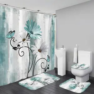 Rustic Farmhouse Shower Curtain Set of 4 Pcs, Teal Daisy Floral Bathroom Decor Set with Shower Curtain, Rugs and Accessories