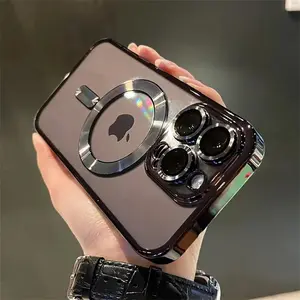 Luxury For Magsafe Wireless Charge Case For iPhone 11 12 13 14 15 16 17 Pro Max 15 Plus Magnetic Transparent Electroplate Bumper Cover Protection Casing Black