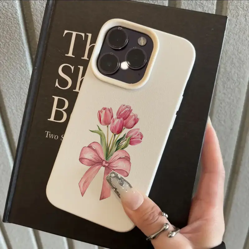 White lychee texture with pink tulip bow pattern, drop-resistant matte back case, compatible with iPhone 17/16/15/14/13/12/11/X/XS/XSMAX, a holiday gift for friends, family, and yourself, Accessories, Cellphone, Smartphone,summerwins