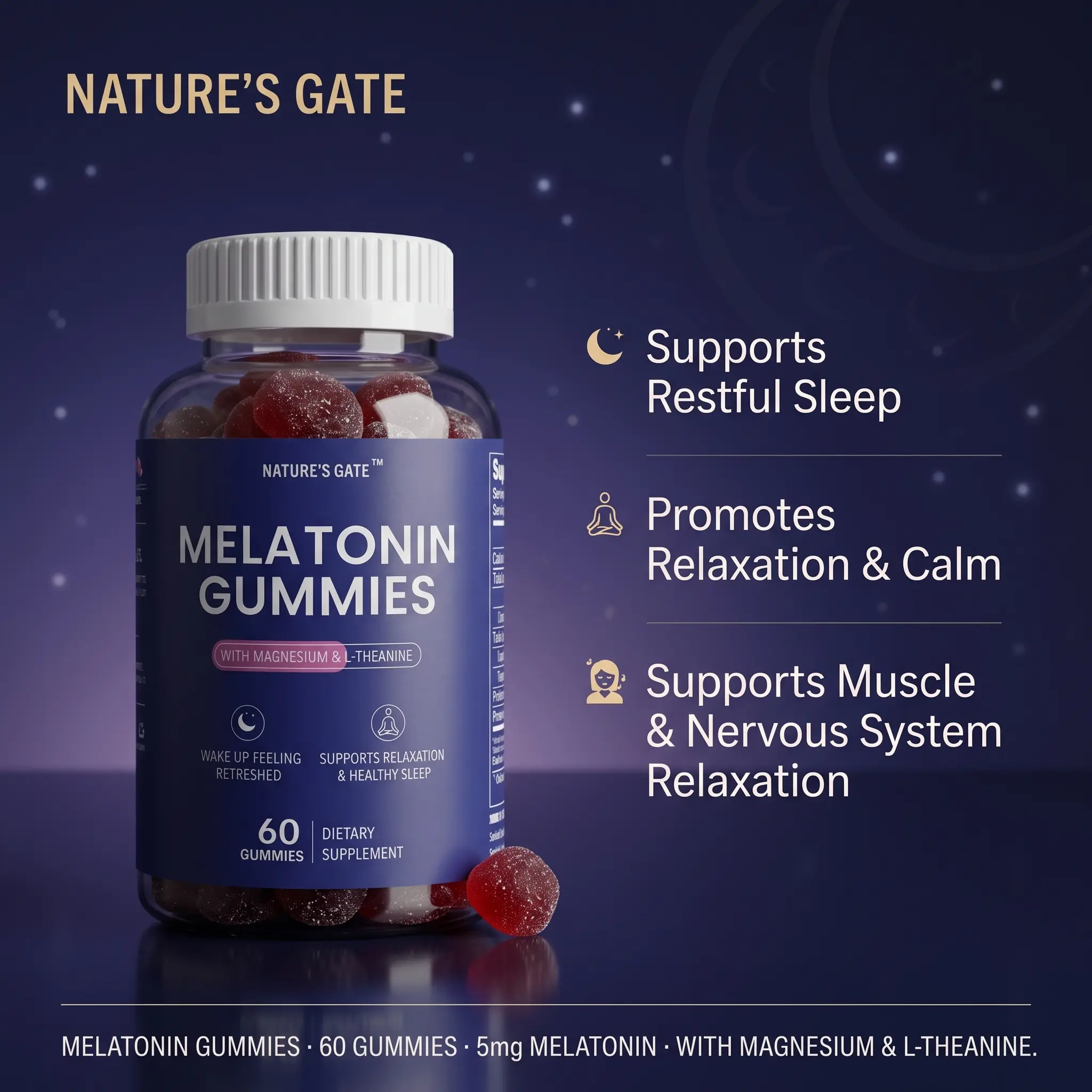 Natural sleep Melatonin Gummies – Melatonin, L-Theanine & Magnesium | Natural Sleep Support, Relaxation & Stress Relief | Drug-Free, Non-Habit Forming, Wake Up Refreshed | 60 Gummies, 30-Day Supply