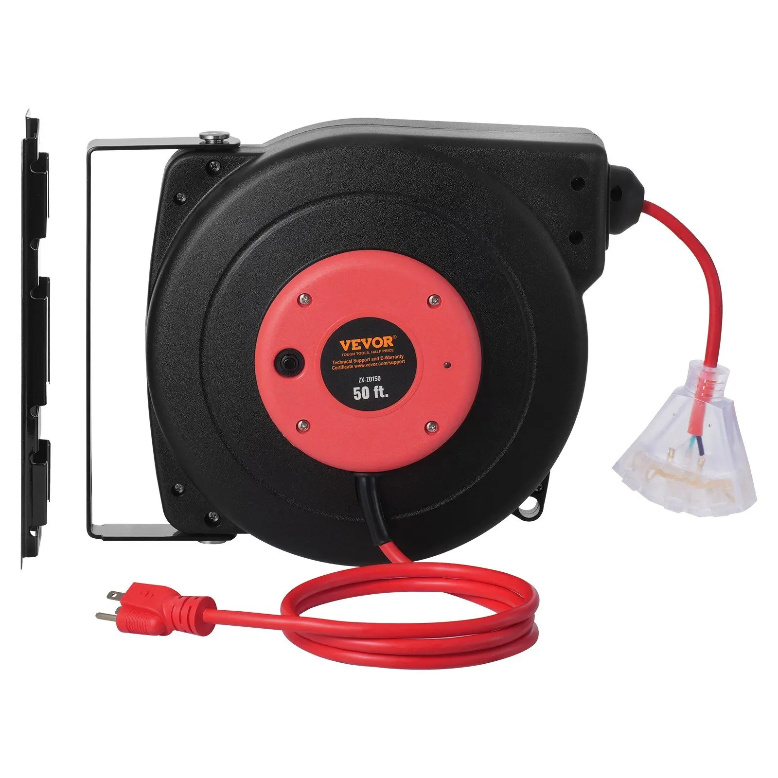 VEVOR Automatic Retractable Corded Power Cord Reel, 50 ft 14AWG/3C SJTOW, 4.5 ft Lead-In Cord, Ideal for Garage Use, Retractable Extension Cord Reel