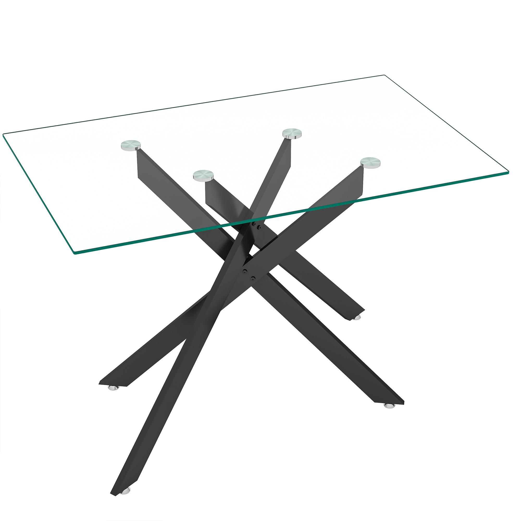 Rectangular Transparent Tempered Glass Dining Table - Modern Design with Black Metal Legs, Shatter-Resistant Surface for Kitchen & Dining Room(ONLY TABLE)