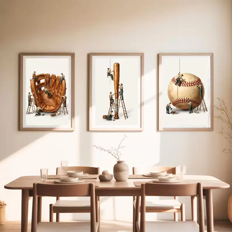 Baseball Set of 3 Prints | Bat Ball Glove Prints | Boys Room Decor | Baseball Gift Set | Sports Wall Art | Baseball Bedroom Decor