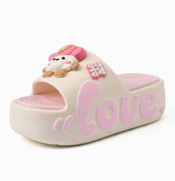 Cartoon Puppy Thick-Soled Slide Sandals, Off-White with Color Contrast, “LOVE” Letter Design, Cute 3D Decorations, Women’s Slides for Home and Outdoor Wear