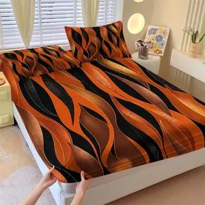 Abstract Wave Fitted Sheet Set, Modern Black Orange Gradient Wave Pattern, Soft Skin-Friendly & Breathable Microfiber Bedding, Deep Pocket, Wrinkle & Fade Resistant, All Season Use, Ideal for Teens & Adults Bedroom Dorm Decor