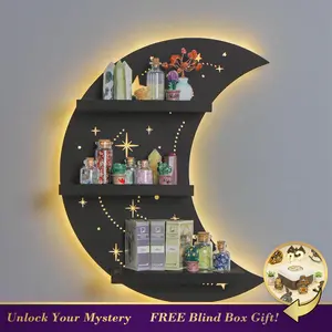 FNYDOX Crescent Moon Shelf with LED Lighting for Crystals & Healing Stones, Celestial Decor for Witchy & Bohemian Home, Easy Wall-Mounted Display for Altar & Meditation Space