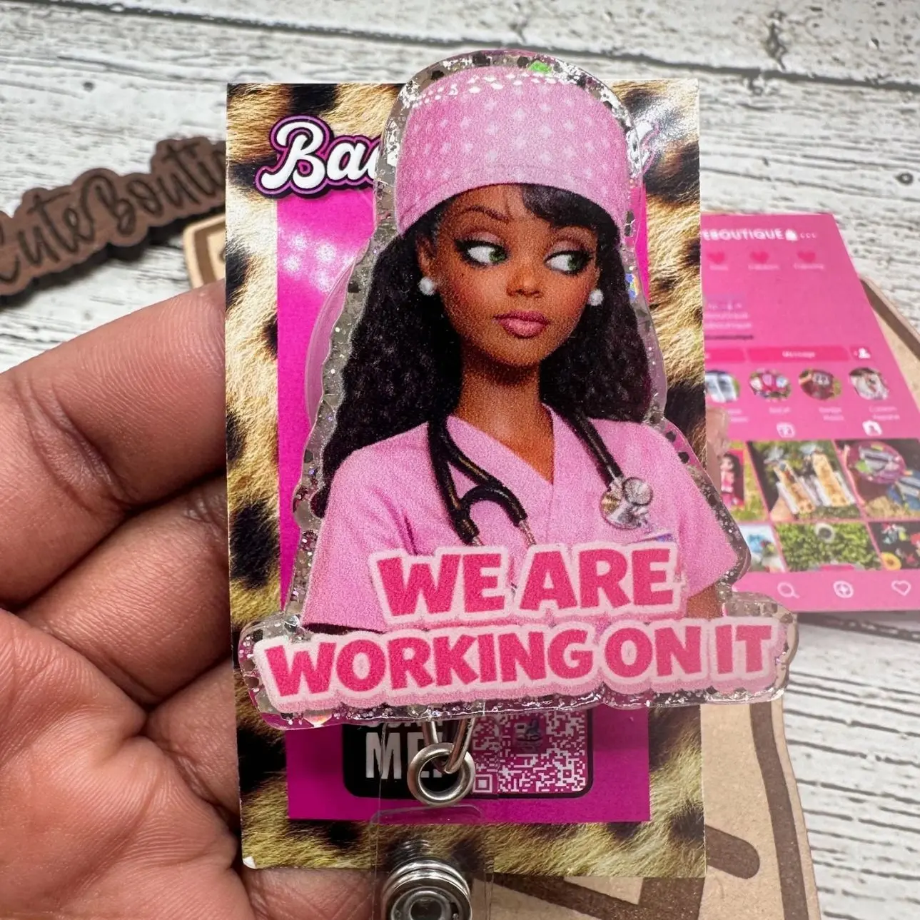 We are working on it Glitter Acrylic Badge Reel: Healthcare ID Clip