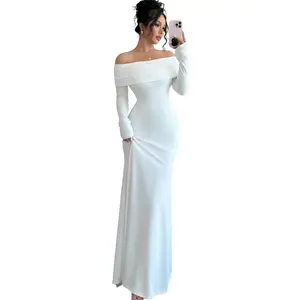 Women's White Polyester Off-Shoulder Ruched Bodycon Long Evening Dress with Pleats for Fall Celebrations