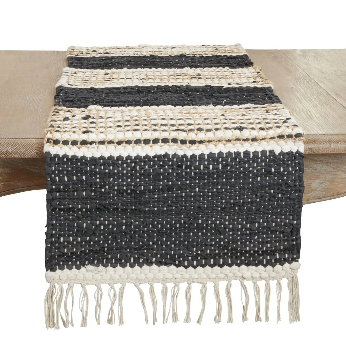 Saro Lifestyle 879.BN1672B 16 x 72 in. Boho Leather Chindi Fringed Table Runner, Black & Natural