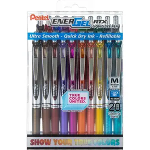 Pentel EnerGel RTX True Colors United (0.7mm) Medium Line, Assorted Ink, 20 Box (BL77PC20MTCU)