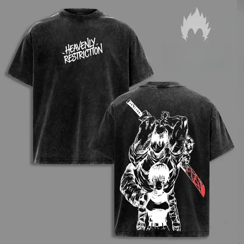 Maki Zenin X Toji Fushiguro Heavenly Restriction Duo Anime Shirt,  Dark Anime Manga Line Art Streetwear T-Shirt, Cursed Energy Free Fighter Vintage Washed Oversized Tee, Minimal Brutal Anime Aesthetic Unisex Graphic Shirt Mens Womens Unisex