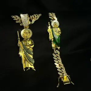 3Pcs San Judas Tadeo Jewelry Set, 14K Gold Plated San Judas Pendant Necklace and Bracelet, Zinc Alloy with Rhinestone, Unisex Religious Faith Jewelry, Fashion Accessories for Daily Wear