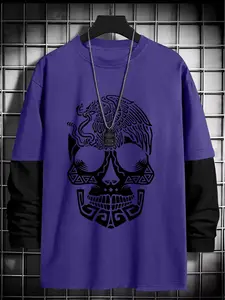 Mexican Eagle Skull Geometric Graphic Loose Long Sleeve Round Neck T-Shirt, Fashion Street Casual Style, Comfortable Trendy Top Gift