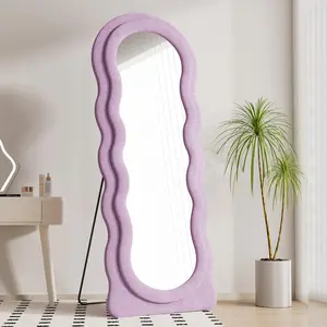 Wavy Full Length Mirror with Stand, 63" x 24" Irregular Floor Mirror, Large Floor Length Mirror, Freestanding/Leaning/Wall Mounted, Flannel Wrapped Wooden Frame for Bedroom/Living Room, Purple