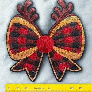 Reindeer bow sequence Fabric Iron-On Patch Pink Sequined Embroidery for Jackets Dresses DIY Christmas Decoration Hand Sewing Craft Supplies Vibrant Design Quality Material