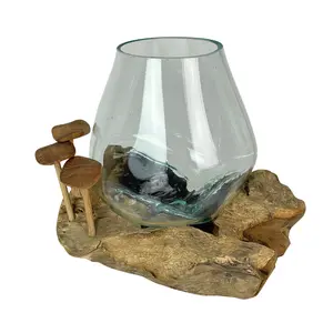 Glass & Driftwood Vase w/ Mushrooms - 7.25in
