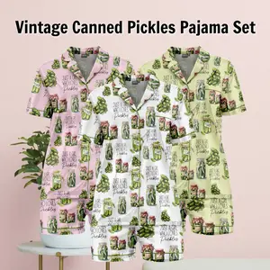 Vintage Canned Pickles Pajama Set Set Satin Silk - Soft And Alluring Nightwear, valentime Gift, Loungewear, Homewear, Ideal Gift for Mom, Gift for her
