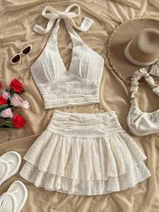 VRONA Beige Textured Halter V Neck Tank Flared Skirt Duo Resort Wear Clean Girl Aesthetic