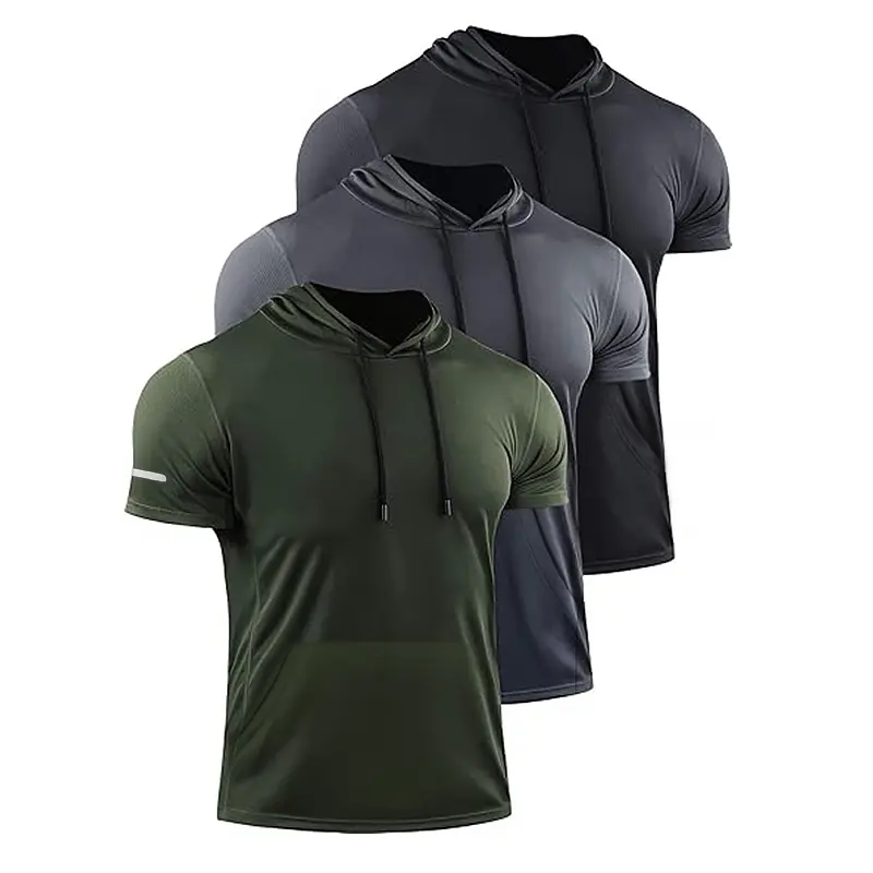 Men's 3-Pc Short Sleeve Hoodie Set Quick Dry Moisture-Wicking Mesh Athletic T-Shirts for Gym Workouts & Running