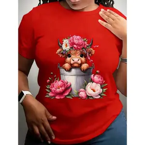 100% Cotton Women's Pink Highland Cow Pattern T-Shirt - Soft Breathable Lightweight Short Sleeve Round Neck, Cute Scottish Cow with Flower and Heart Print, Universal Casual T-Shirt, Suitable for Birthday, Thanksgiving, Valentine's Day