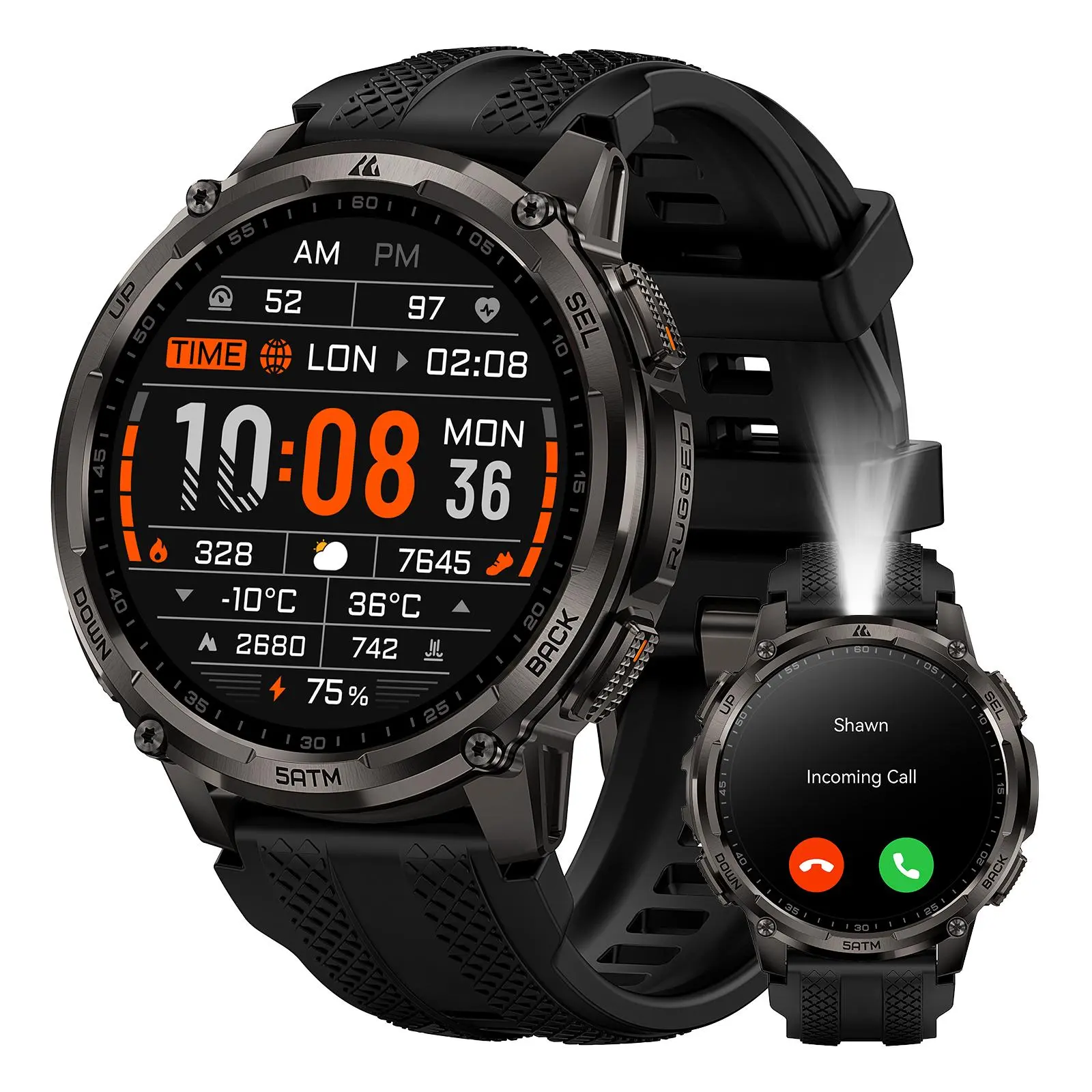 KOSPET Tank T4C Rugged Outdoor Tactical GPS Smartwatch for Men - 50m Water-Resistant, 1.5” AMOLED Touchscreen, LED Flashlight, Dual-Band GPS, Compass, 50-Day Battery, 24/7 Heart Rate Tracking, Sleep Monitor, Bluetooth Calls, Walkie-Talkie, Rugged Outdoor