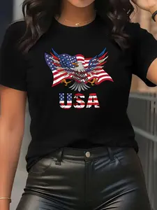 Women'S Eagle And Flag Printed Short-Sleeve Round Neck T-Shirt - Sporty And Casual Style, Soft And Breathable Featuring Trendy Street Style Design, Unique, Fashionable And Versatile, Co