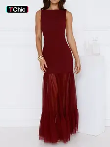 Women's Maroon Ruffle Trim Backless Tulle Dress, Elegant Sleeveless Tulle Ruched Design Fashion Casual Tie Shoulder Maxi Dress for Party Dating Wear, Women Dress for Spring Fall