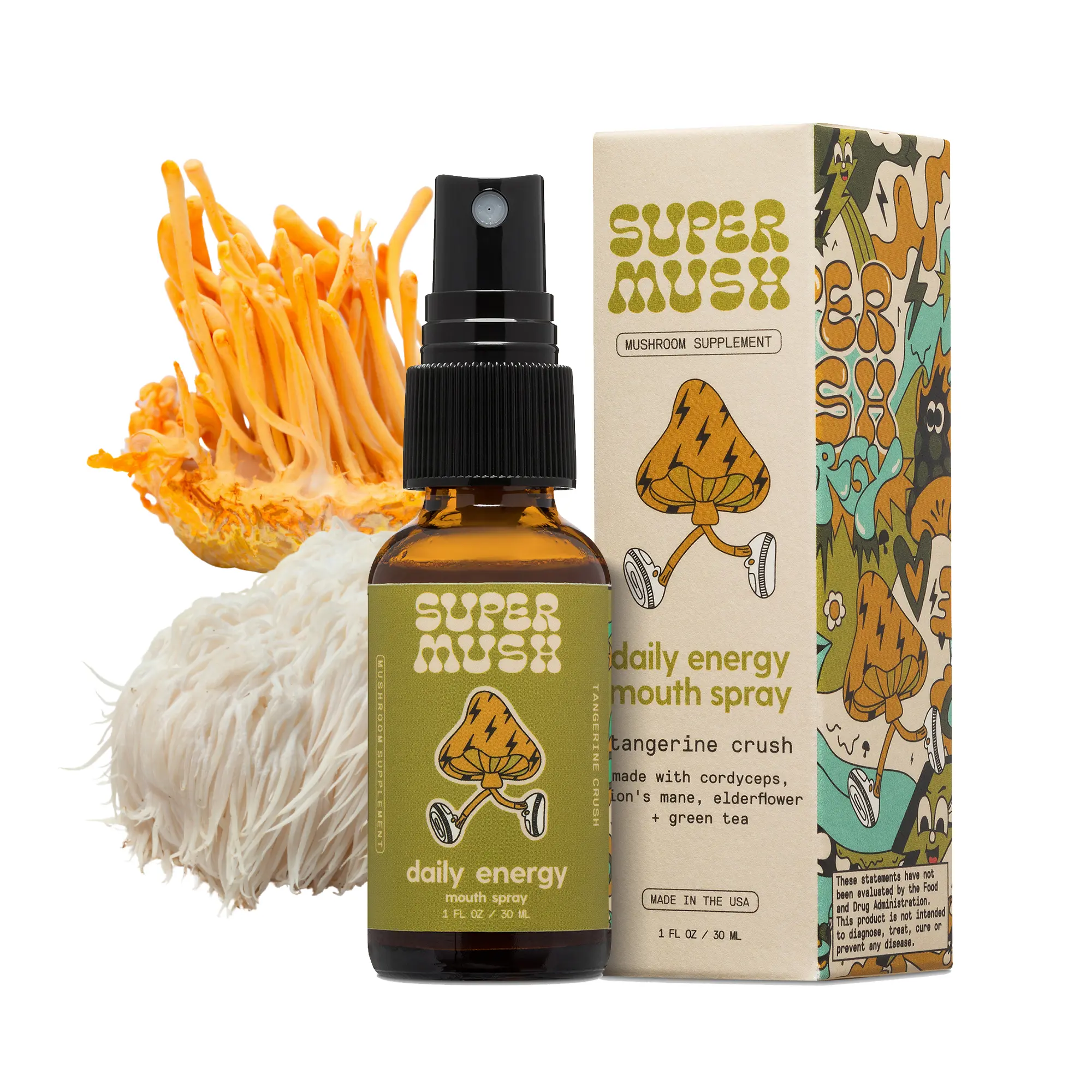 SuperMush Daily Energy Mouth Spray - Certified Natural Organic Mouth Spray with Lion's Mane & Cordyceps Mixed Mushrooms Extract Pure Liquid Sprays for Focus, Stamina & Clarity - 30ml Organic Lions Mane Fungi Spray, Mushroom Supplement, Diertary, Oral Care