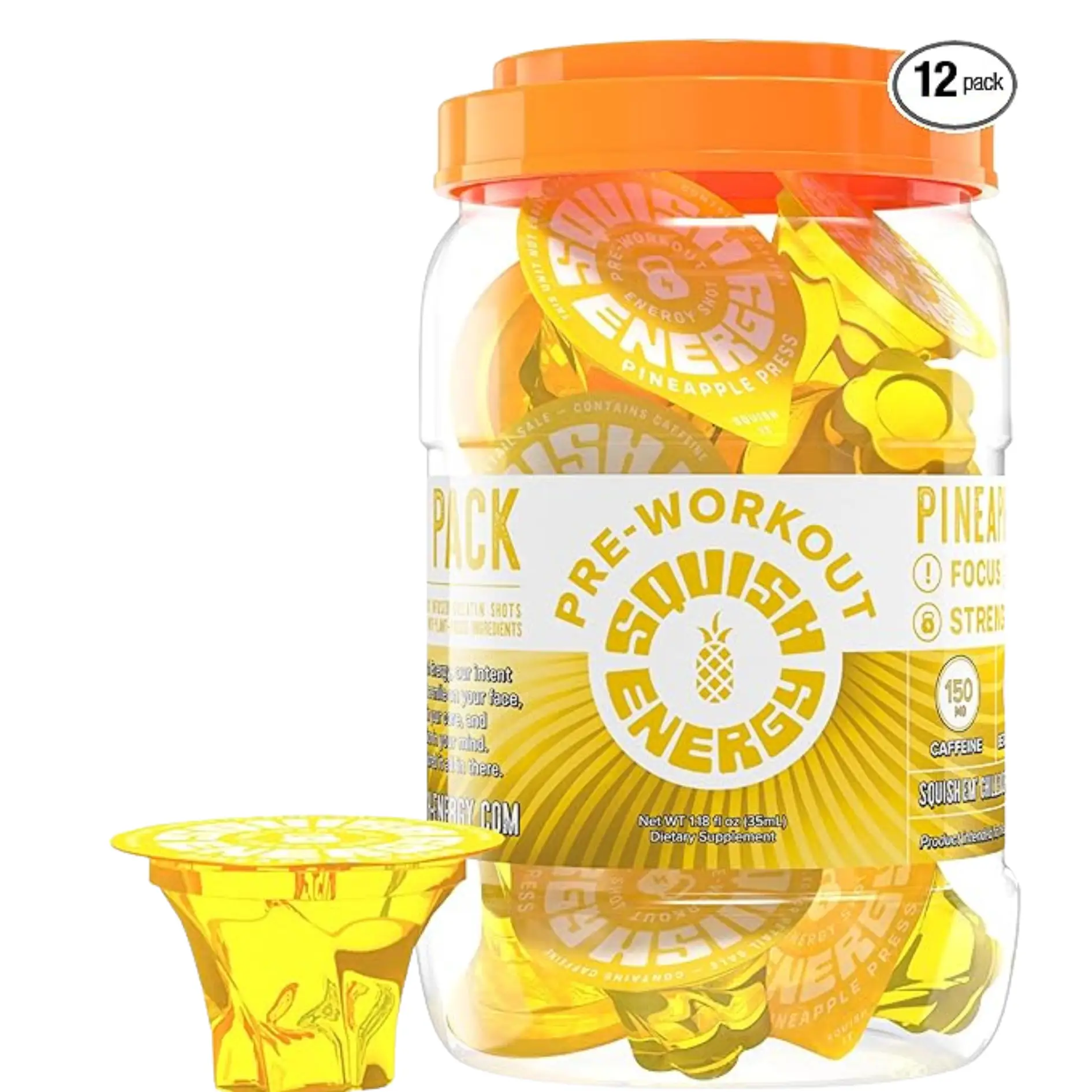 Squish Performance Squish Energy SOUR Preworkout Jellie Shot Pineapple Flavor 12 Pack with Caffeine Citrulline Alpha-GPC & Beta Alanine Plant Based Ge