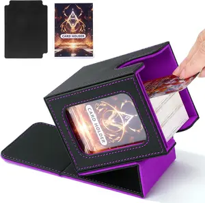 MTG Deck Box for Commander Display, Card Deck Box Holds 100+ Double-Sleeved Cards, Magic Commander TCG Card Storage Box Magnetic Card Display Case with 2 Dividers, 1 Toploader (Black & Purple)