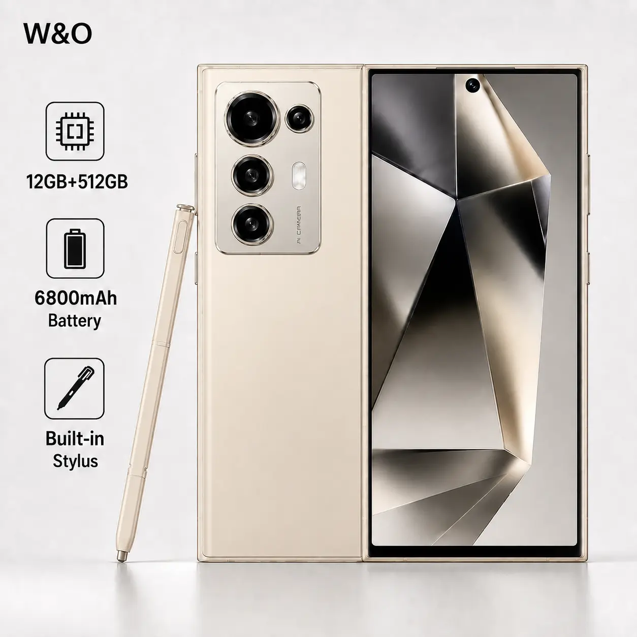 W&O 5G Smartphone, 12GB+512GB, 6.8-Inch HD Display, 6800mAh Battery, Built-in Stylus, Android 14, 50MP Camera, Octa-Core, Dual SIM Card Fingerprint Rear Memory Metallic Navigation Retractable Screen Streaming