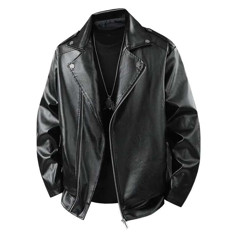 Men's Motorcycle Jacket Faux Leather Zipper Coat Casual Biker Jackets With Lapel Collar for Stylish Riders Menswear Tops