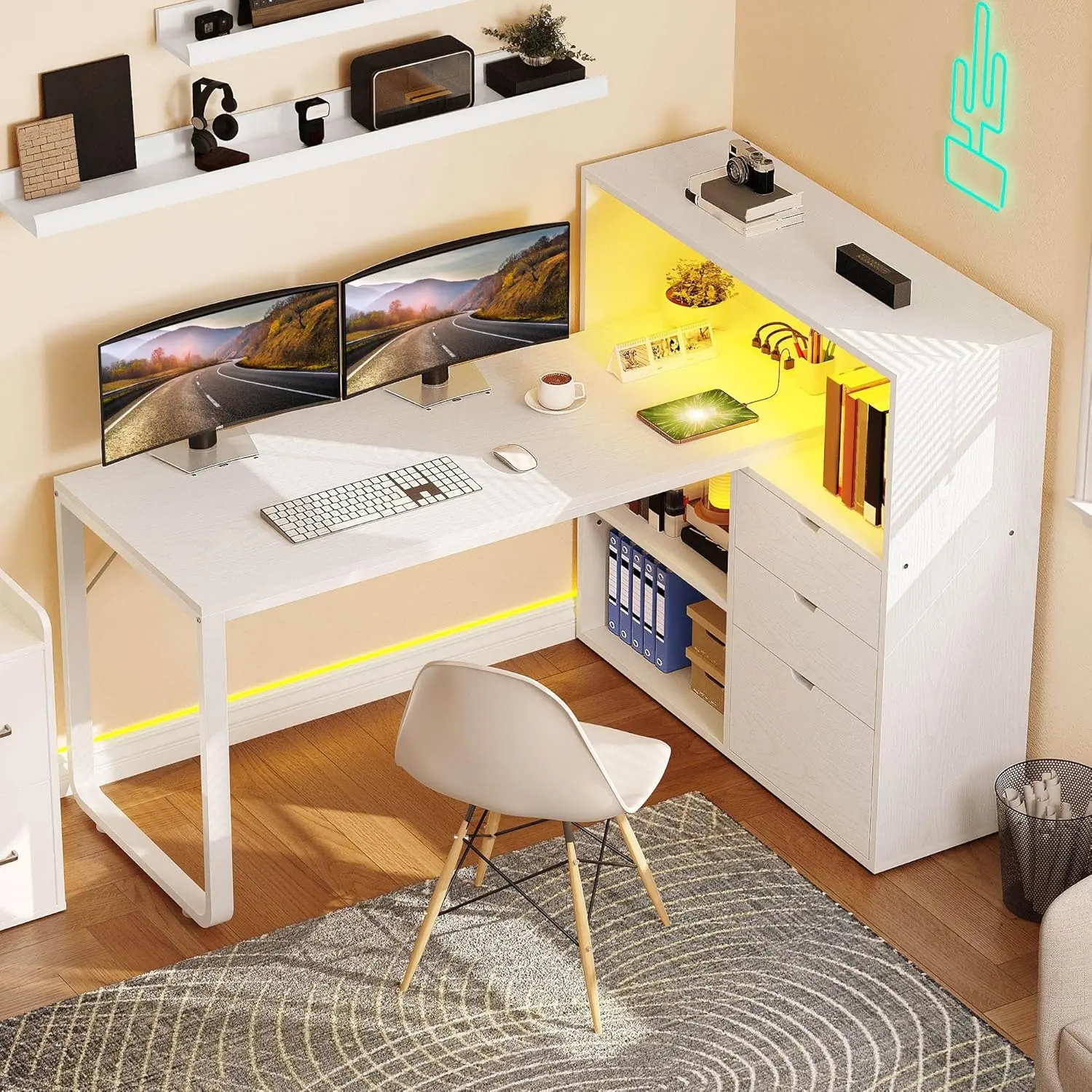 Yitahome Sturdy L-Shaped Wood Workstation, 55" Corner Computer Desk with Built-In USB Outlet, Cool & Smart LED Light Strips, File Cabinet, 3 Drawers, 3 Storage Shelves & Bookshelf for Home Office (Drawers and Shelves Desks & Workstations)