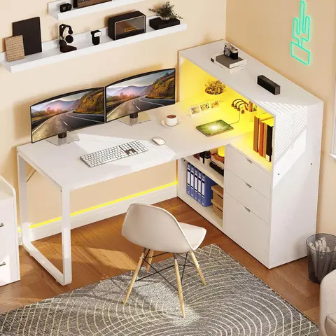 Yitahome Sturdy Wood Workstation - 55" L-Shaped Computer Desk with 2 USB Ports Keep Devices Close, App-Color Control RGB LED Light Strip, Filing Cabinet, 3 Drawers, 3 Storage Shelves, Bookshelf, Desk Accessories for Home Office, Bedroom