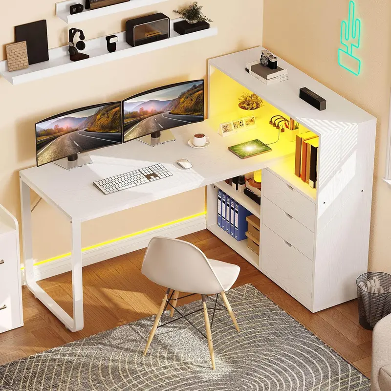Yitahome Sturdy Wood Workstation - 55" L-Shaped Computer Desk with 2 USB Ports Keep Devices Close, App-Color Control RGB LED Light Strip, Filing Cabinet, 3 Drawers, 3 Storage Shelves, Bookshelf, Desk Accessories for Home Office, Bedroom