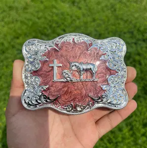 Red Western Cowboy Prayer Cross Horse Engraved Belt Buckle Silver Finish
