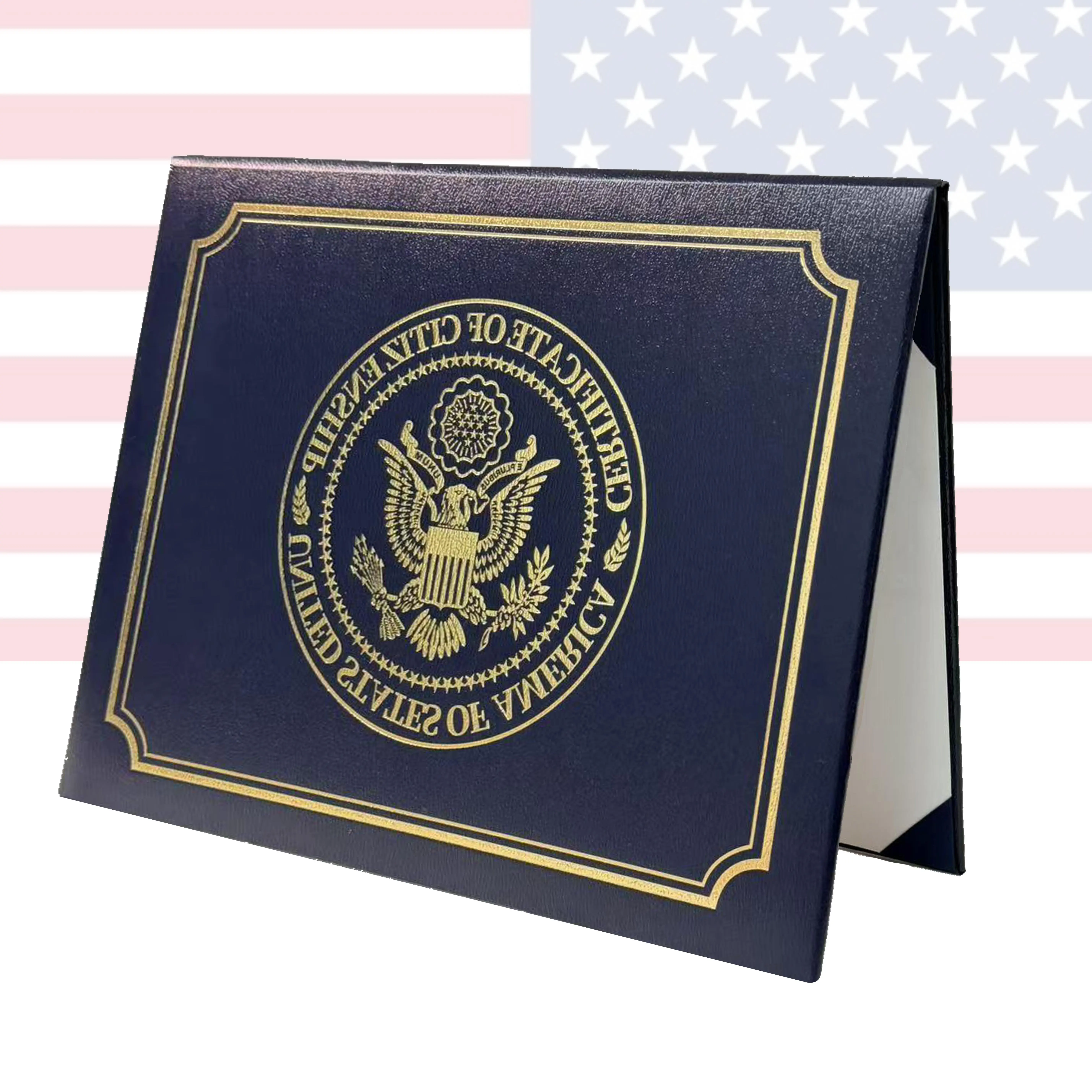 US Citizenship Certificate Holder, Navy PU Naturalization Case with Gold Foil Embossing, Padded Protection, Faux Leather Corner Tabs, Dustproof Elegant Design for 2018-2026 Standard Size Certificates, Congratulatory Present for New Citizens, Durable