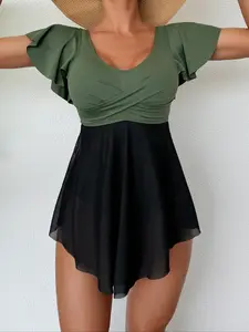 Women's One-Piece Swimsuit, Sexy U-Neck Ruffle Swimwear, Colorblock Mesh Dress Style Bathing Suit, Summer Casual Beach Wear, Ruffle Hem Swimsuit