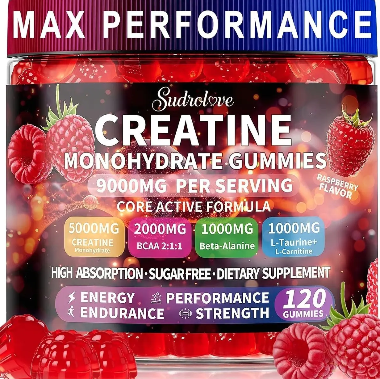 Creatine Monohydrate Gummies with BCAA, Beta-Alanine, L-Taurine, L-Carnitine, Vitamins B6 & B12, Raspberry Flavor, Pre Workout Chewable Supplement for Men & Women, 120 Count,Raspberry