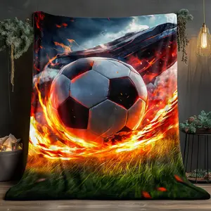 1 Piece Portable Football-Themed Blanket - Lightweight, Soft, and Warm Flannel Blanket, Ideal for Travel, Camping, Sofa, and Bed - Digital Design of a Football Field with Players and Stadiums - All-Season Bed Accessory for Fans