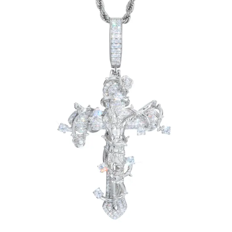 UCCIYO Thorn Cross of Jesus Pendant P683 Lab-Created Moissanite S925 Sterling Silver Moissanite Cross Pendant Necklace for Women Men Hip Hop Jewelry Gift summerwins【#P683】