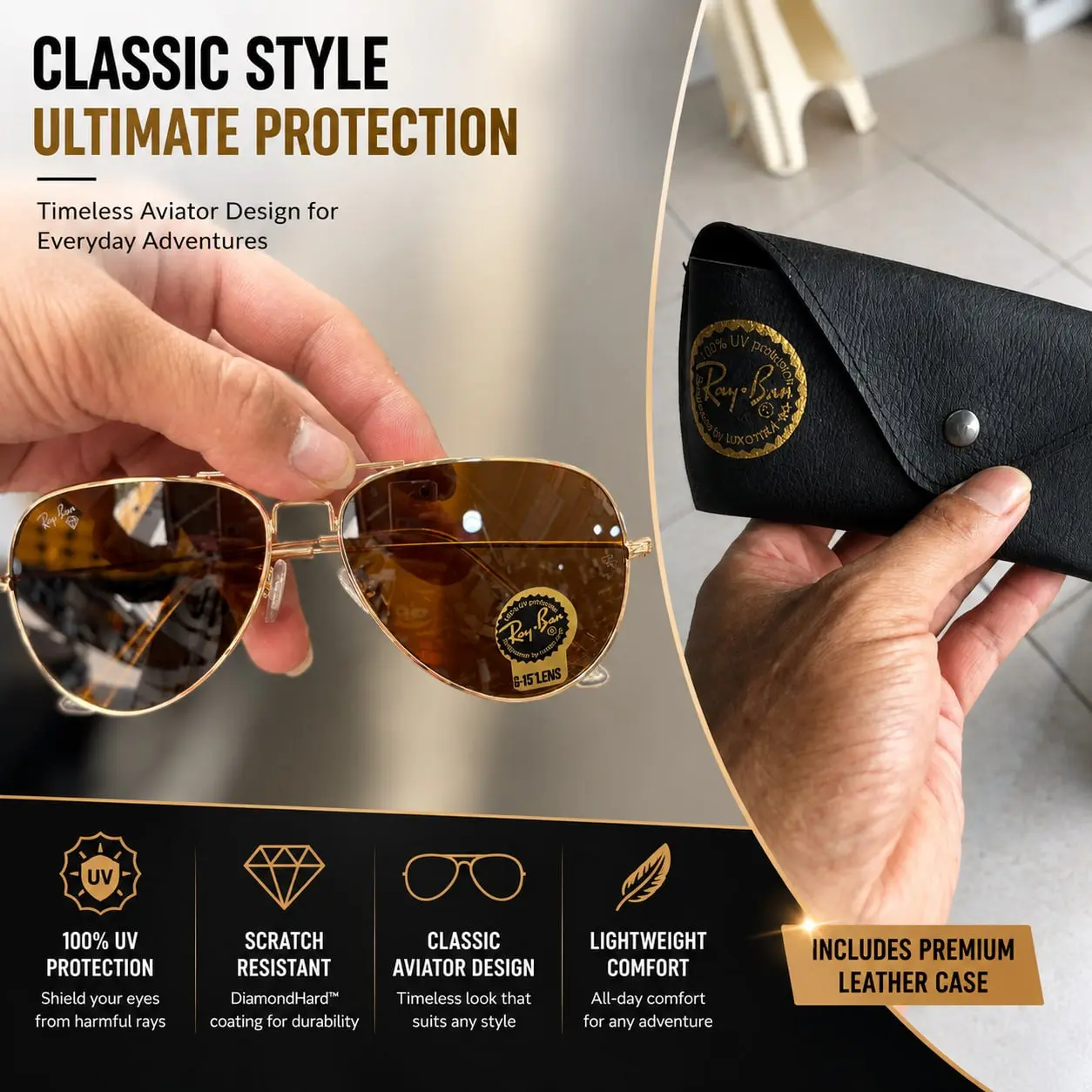 Ray-Ban teardrop-shaped sunglasses with glass lenses – UV protection glasses for men and women.