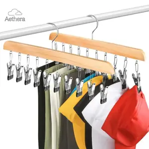 MECHEER 2-Pack Wooden Legging Hanger with 10 Stainless Steel Clips 360° Swivel Hook for Hats Socks Bras Skirts Space-Saving Closet Organizer & Home Storage